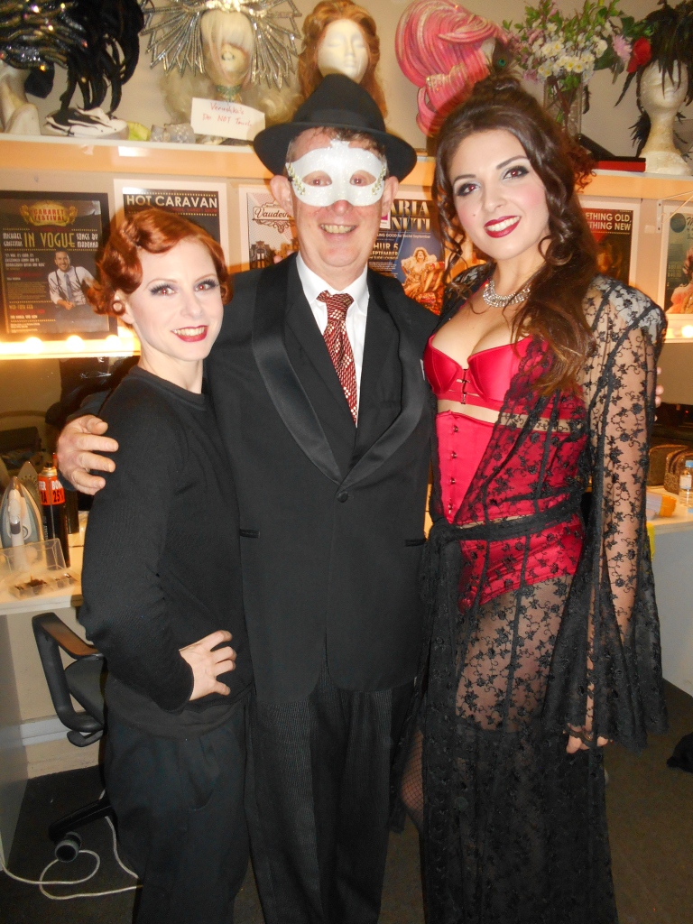 Backstage at the 17 July Gin Mill Social. (L-r) Aerialist, acrobat and fan dancer Missy, Greg Poppleton 1920s singer and band leader, Alicia Gin Mill MC and creator of Slide's Risque Revue.