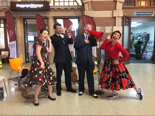 Posing with Sandy (L) and Sue Ann (R), two of the wonderful swing dancers sliding and gliding to the Greg Poppleton band today.